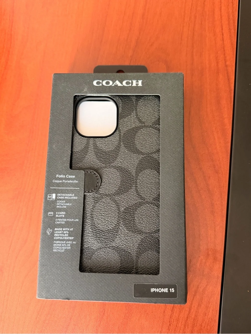 COACH Black Signature Folio Case for iPhone 15 with Detachable Inner Case